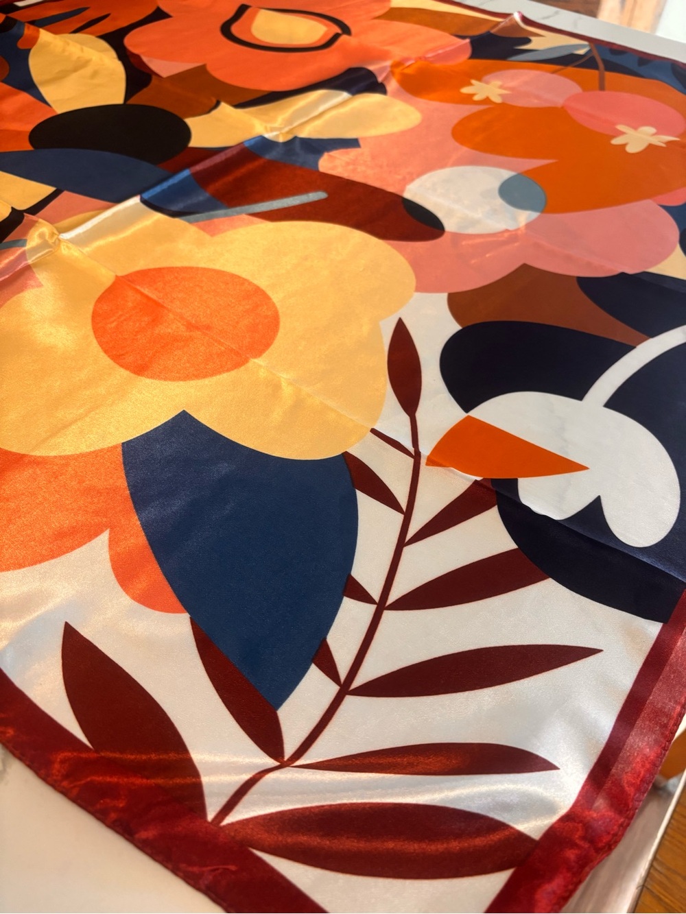 NWOT, Bold Floral Satin Scarf in Orange, Navy & Cream - Picture 2 of 2